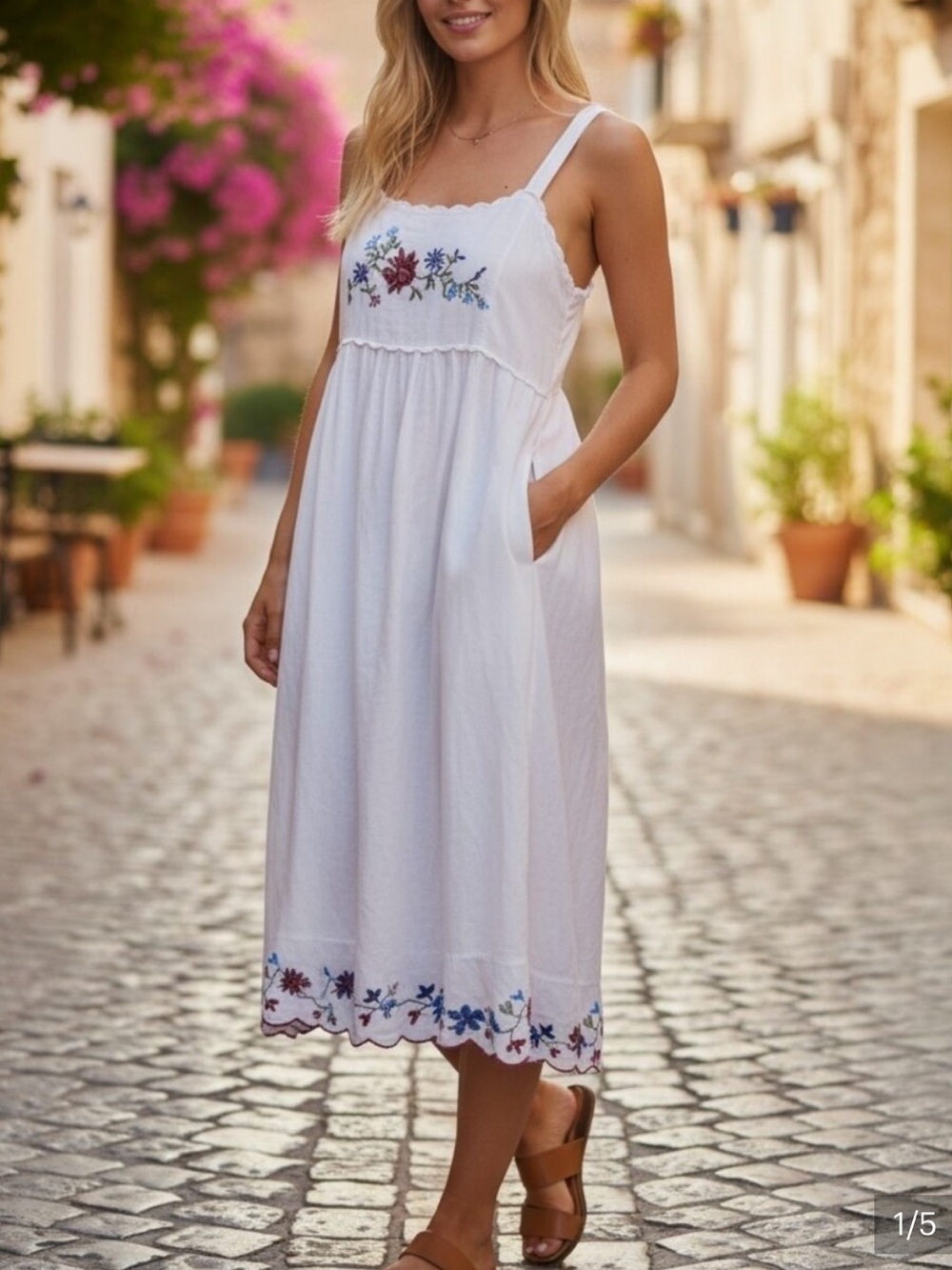 White Embroidered Midi Sundress with Floral Detail